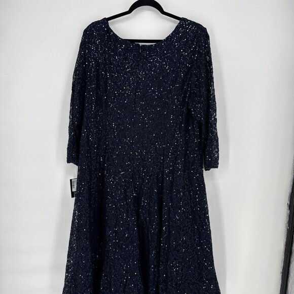 SLNY Womens Plus Size 20W Navy Blue Sequined A-Line Lace Cocktail Party Dress - Picture 6 of 8